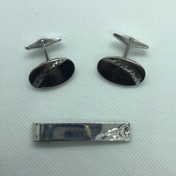 💛 Sterling Silver Vintage Cuff Links & Tie Bar - Picture 3 of 4